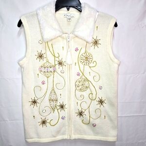 Kim Rogers Womens Sz. Sm. White Beaded Full Zip Knitted Holiday Vest Sweater